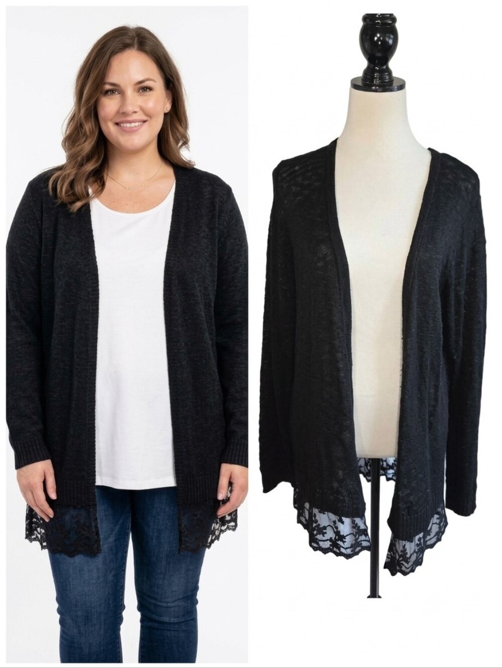 AB Studio Black Open-Front Cardigan with Lace Hem Women's Size Extra Large XL